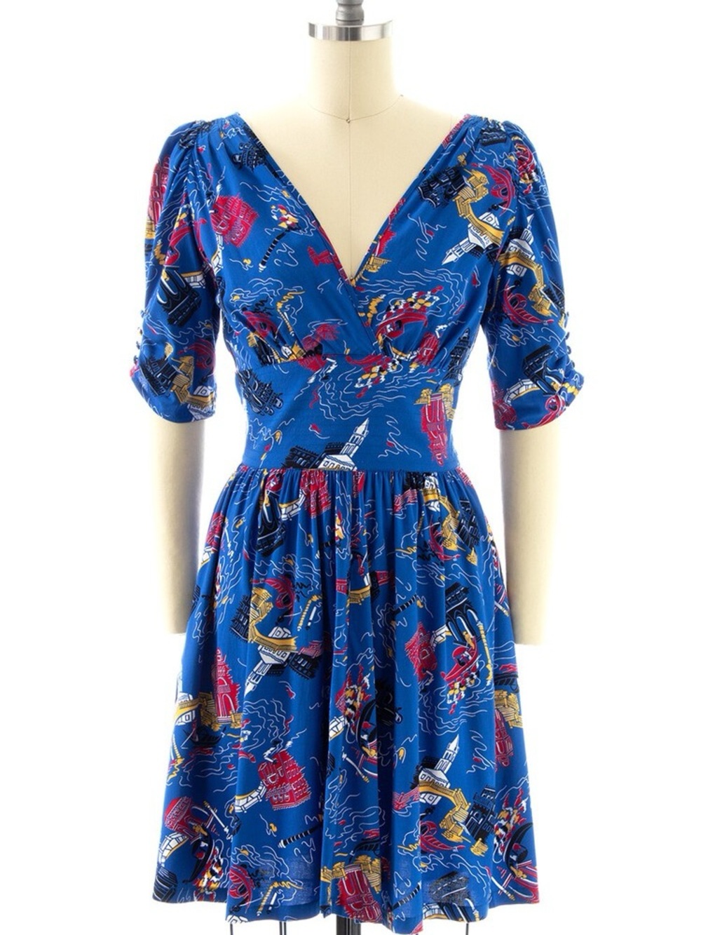 Trashy Diva Blue V-Neck Fit-and-Flare Dress with Venice Nights Print